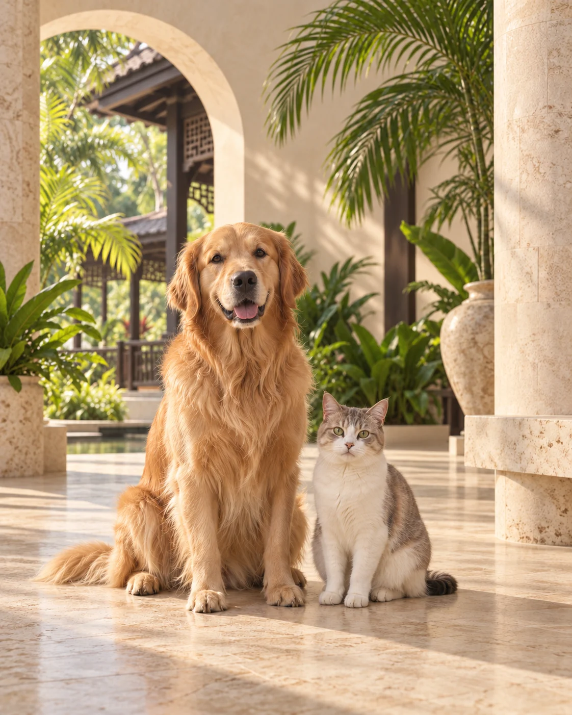 Illustrative portrait of a dog and cat in a warm Malaysian-inspired courtyard